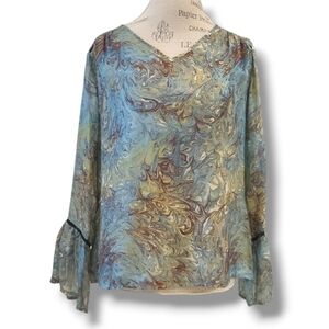 Hamptonite NY Silk Blue And Green Swirl Long-Sleeve V-Neck Top - Size Small